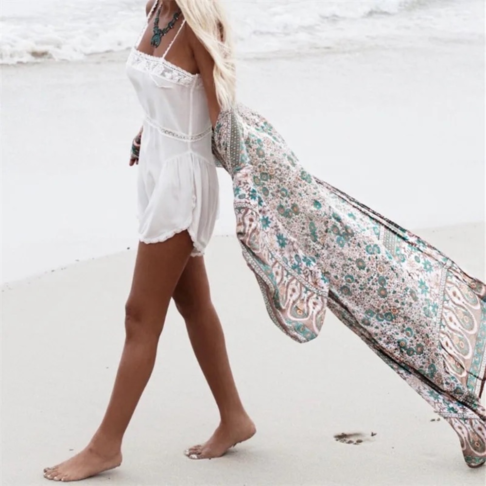 Sage Bohemian Chiffon Kimono Duster, Bikini Coverup - Picture 2 of 6